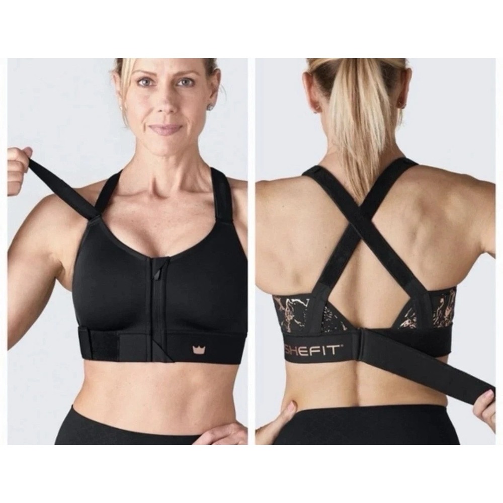 SHEFIT 4 Luxe Sports Bra Black Zip Front High Impact Adjustable Straps Support